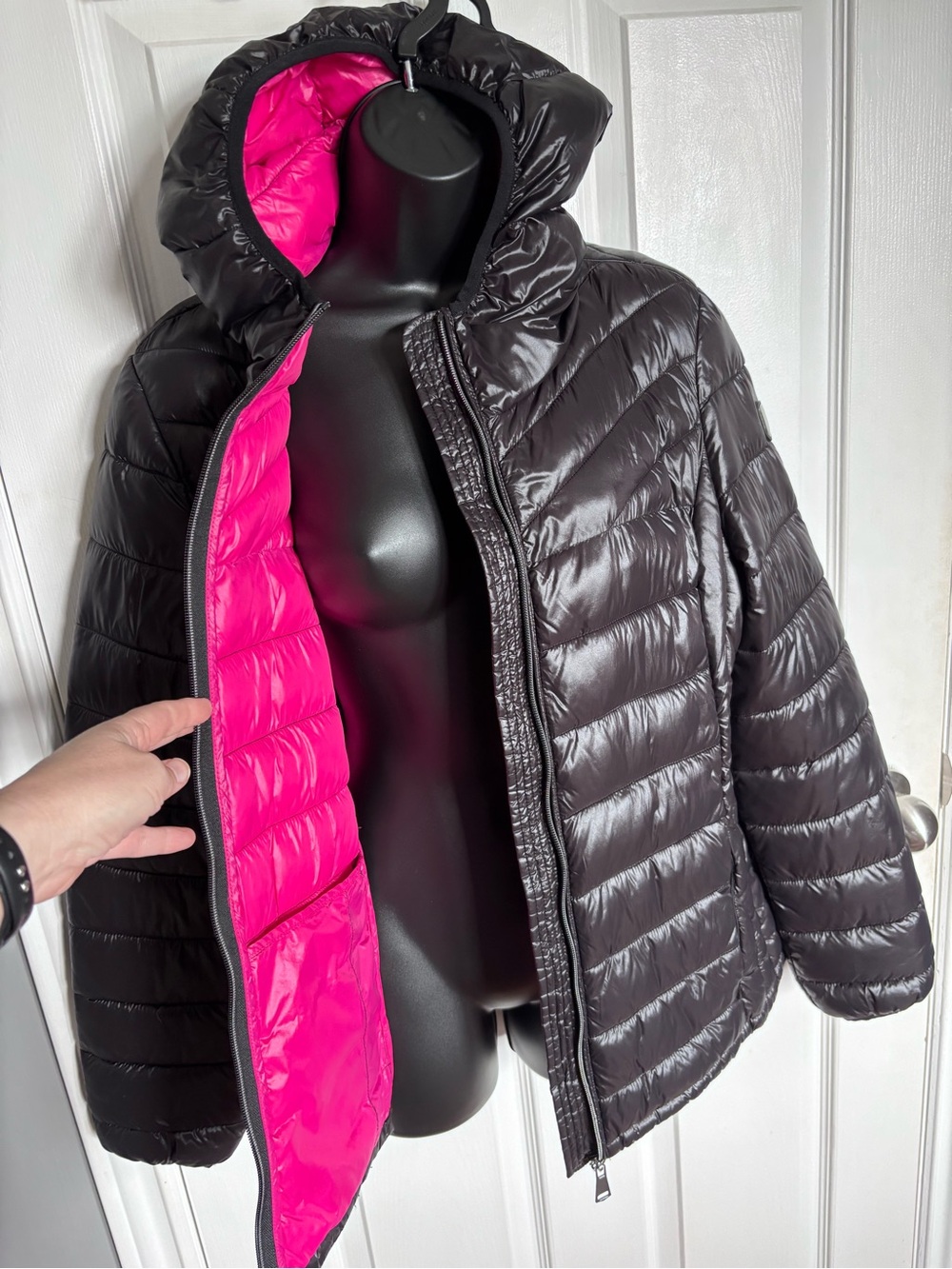 Noize Rosa Lightweight Puffer Jacket Cruelty Free Black Pink Hooded L Large